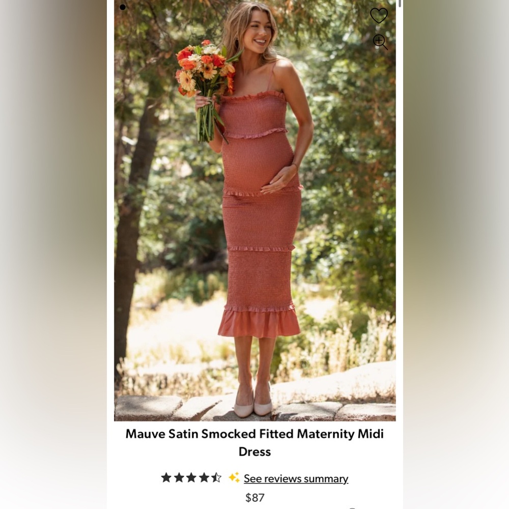 Mauve Satin Smocked Fitted Maternity Midi Dress